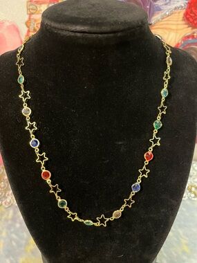 New Gold over Brass Star-Link Necklace with Red, Blue, Green Gems